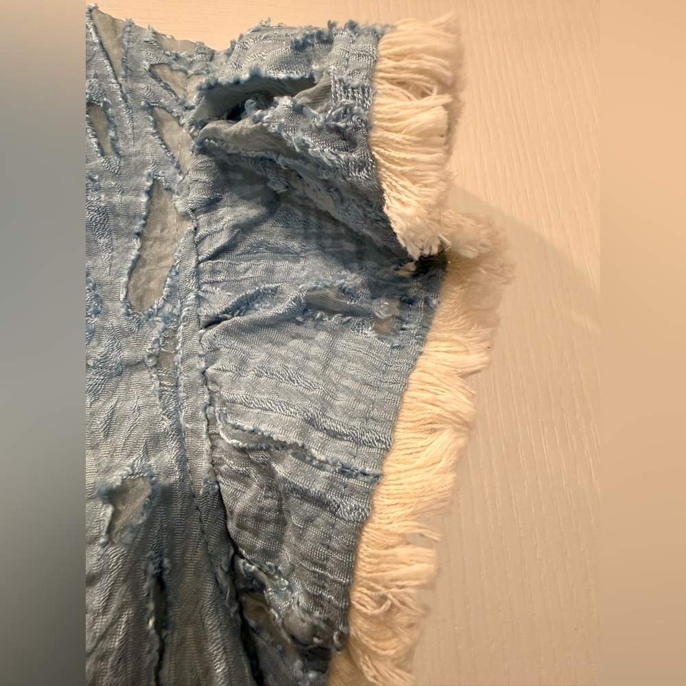VOY Blue V-Neck Ruffle Sleeve Fringe Burnout Shift Dress Med Boho Cotton Linen - Picture 7 of 8